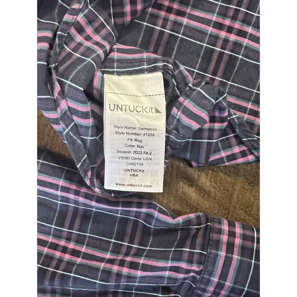 Untuckit Men's Shirt X Large Navy Blue Plaid Sarmassa Style No. 41258 Cotton - Picture 6 of 6